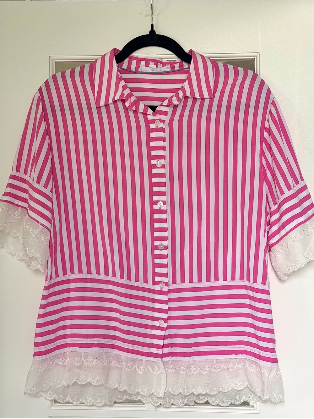 Jane and Delancey Pink & White Striped Lace-Trim Button Down Shirt